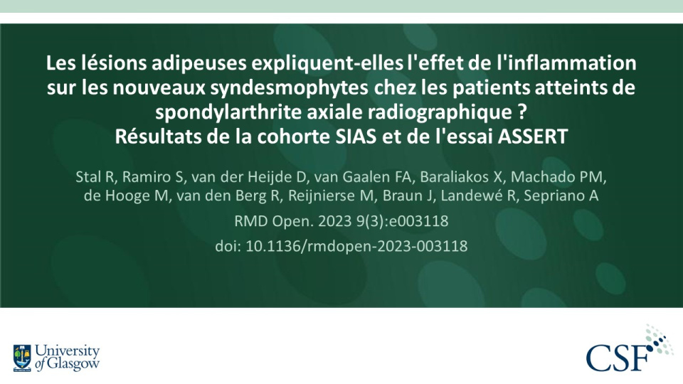 Publication thumbnail: Les lésions adipeuses expliquent-elles l'effet de l'inflammation sur les nouveaux syndesmophytes chez les patients atteints despondylarthrite axiale radiographique ? Résultats de la cohorte SIAS et de l'essai ASSERT