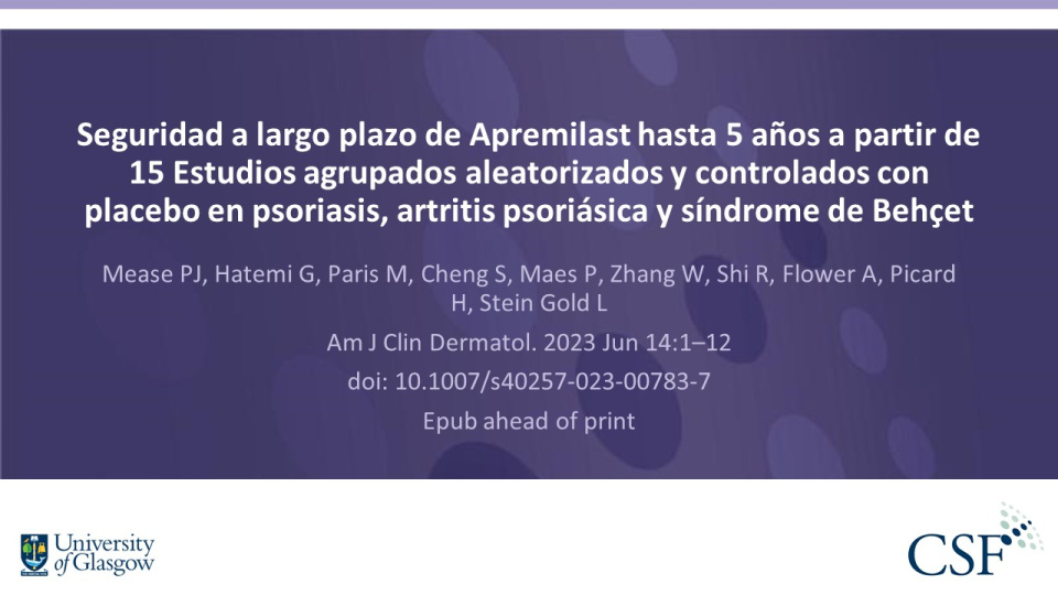 Publication thumbnail: Seguridad a largo plazo de Apremilast hasta 5 años a partir de 15 Estudios agrupados aleatorizados y controlados con placebo en psoriasis, artritis psoriásica y síndrome de Behçet