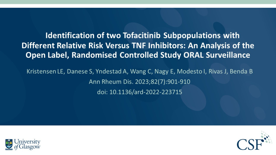 Publication thumbnail: Identification of Two Tofacitinib Subpopulations with Different Relative Risk Versus TNF Inhibitors: An Analysis of the Open Label, Randomised Controlled Study ORAL Surveillance