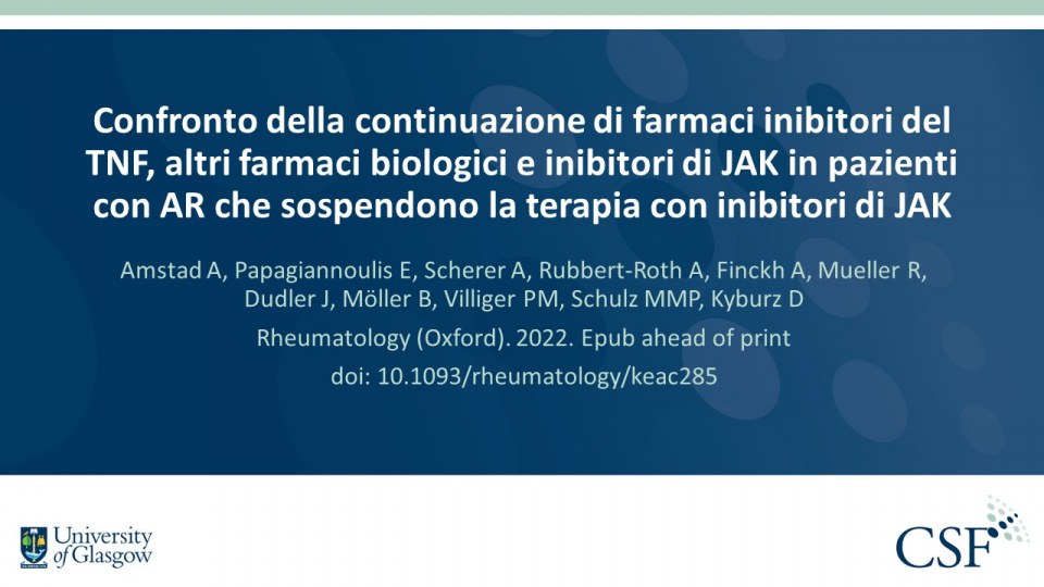 Publication thumbnail: Confronto della continuazione di farmaci inibitori del TNF, altri farmaci biologici e inibitori di JAK in pazienti con AR che sospendono la terapia con inibitori di JAK