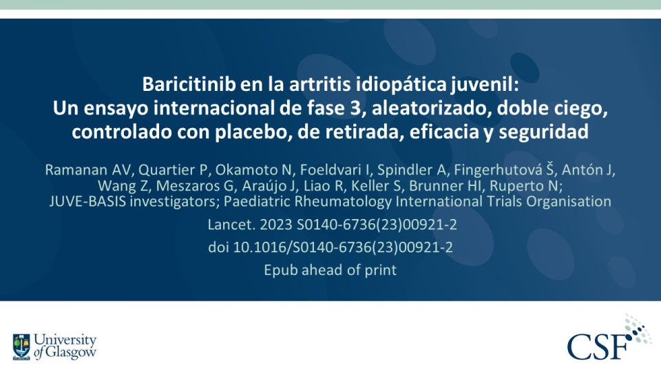 Publication thumbnail: Baricitinib en la artritis idiopática juvenil:  Un ensayo internacional de fase 3, aleatorizado, doble ciego,  controlado con placebo, de retirada, eficacia y seguridad