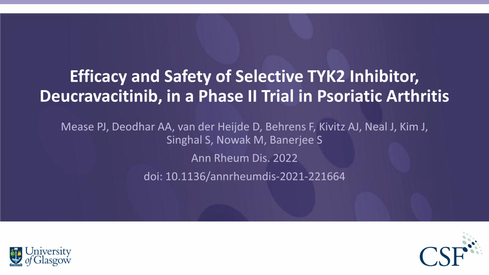 Publication thumbnail: Efficacy and Safety of Selective TYK2 Inhibitor, Deucravacitinib, in a Phase II Trial in Psoriatic Arthritis