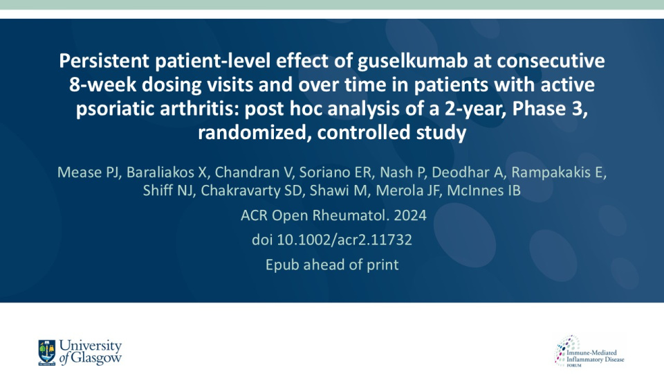 Publication thumbnail: Persistent patient-level effect of guselkumab at consecutive 8-week dosing visits and over time in patients with active psoriatic arthritis: post hoc analysis of a 2-year, Phase 3, randomized, controlled study