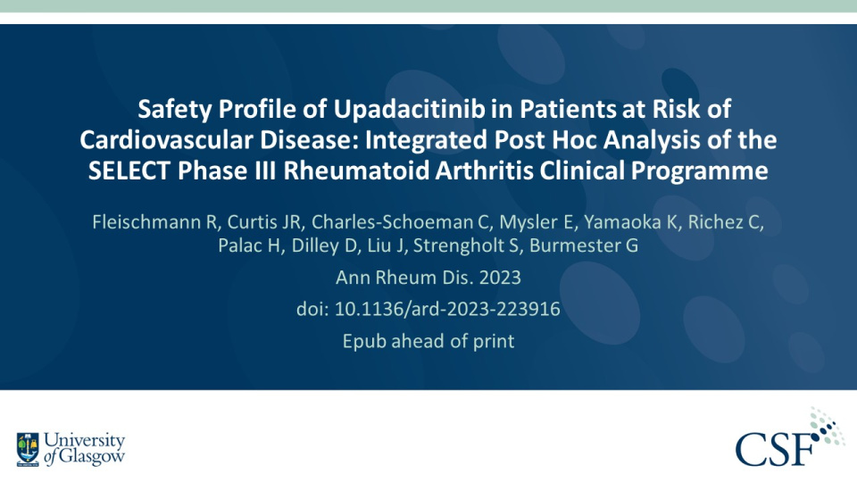 Publication thumbnail: Safety profile of upadacitinib in patients at risk of cardiovascular disease: integrated post hoc analysis of the SELECT phase III rheumatoid arthritis clinical programme